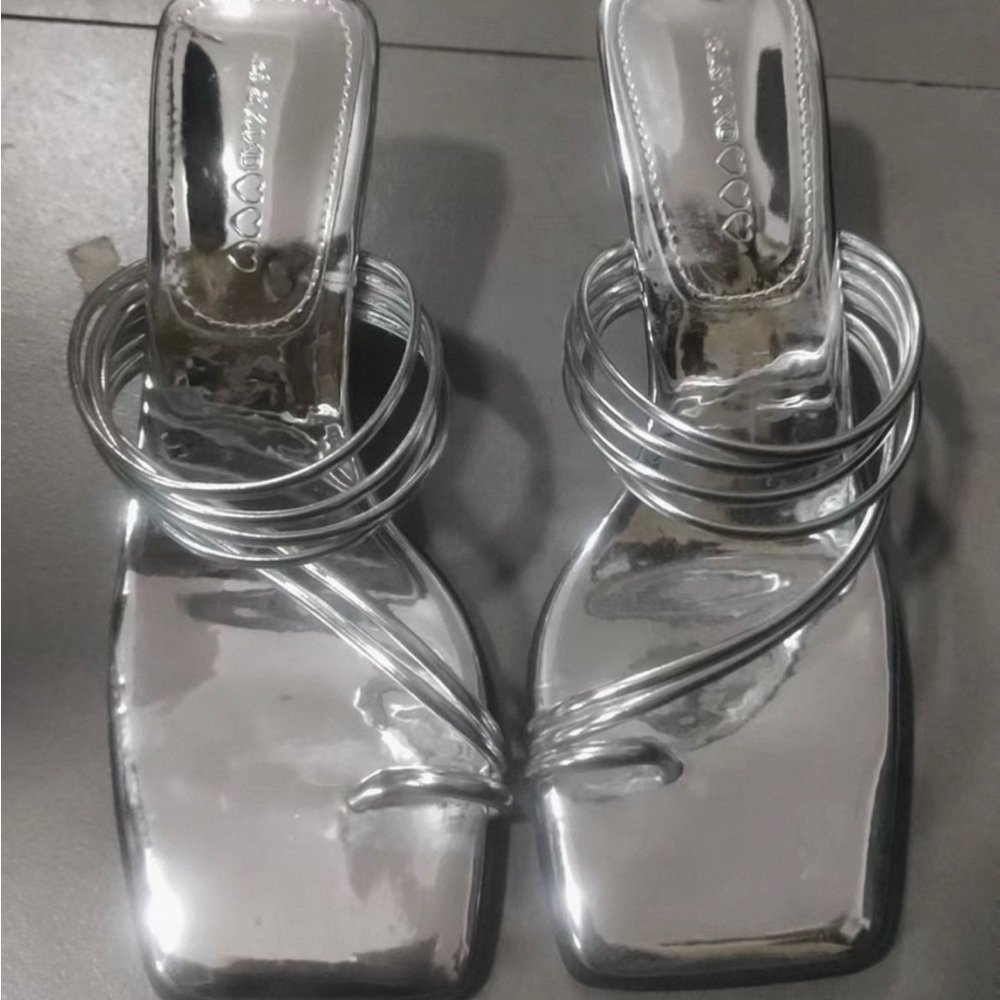 Silver Strappy Square-Toe Heels - Women Shoes Heels